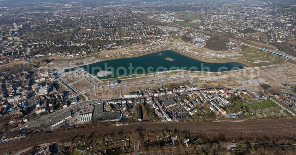 Dortmund from the bird's eye view: View of the development area Phoenix Lake in Dortmund. With the flooding of the lake in the Phoenix suburb Hörde on the former site of the former Hermannshütte a new way of urban development was created in this former industrial area