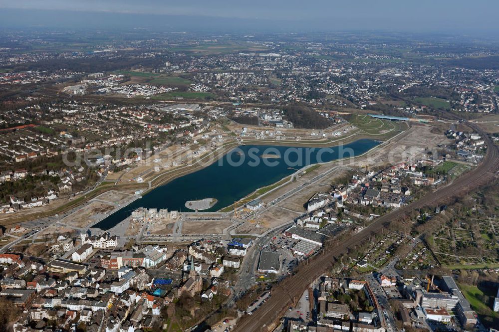 Aerial image Dortmund - View of the development area Phoenix Lake in Dortmund. With the flooding of the lake in the Phoenix suburb Hörde on the former site of the former Hermannshütte a new way of urban development was created in this former industrial area