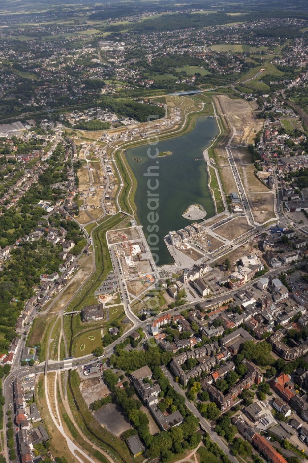 Aerial photograph Dortmund - View of the development area Phoenix Lake in Dortmund. With the flooding of the lake in the Phoenix suburb Hörde on the former site of the former Hermannshütte a new way of urban development was created in this former industrial area