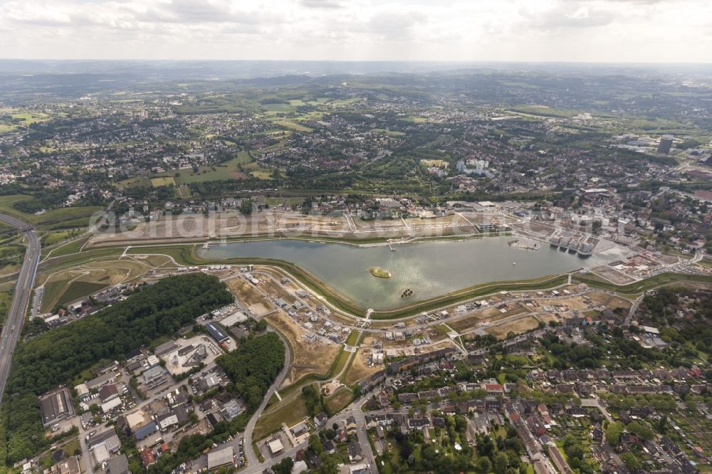 Aerial photograph Dortmund - View of the development area Phoenix Lake in Dortmund. With the flooding of the lake in the Phoenix suburb Hörde on the former site of the former Hermannshütte a new way of urban development was created in this former industrial area