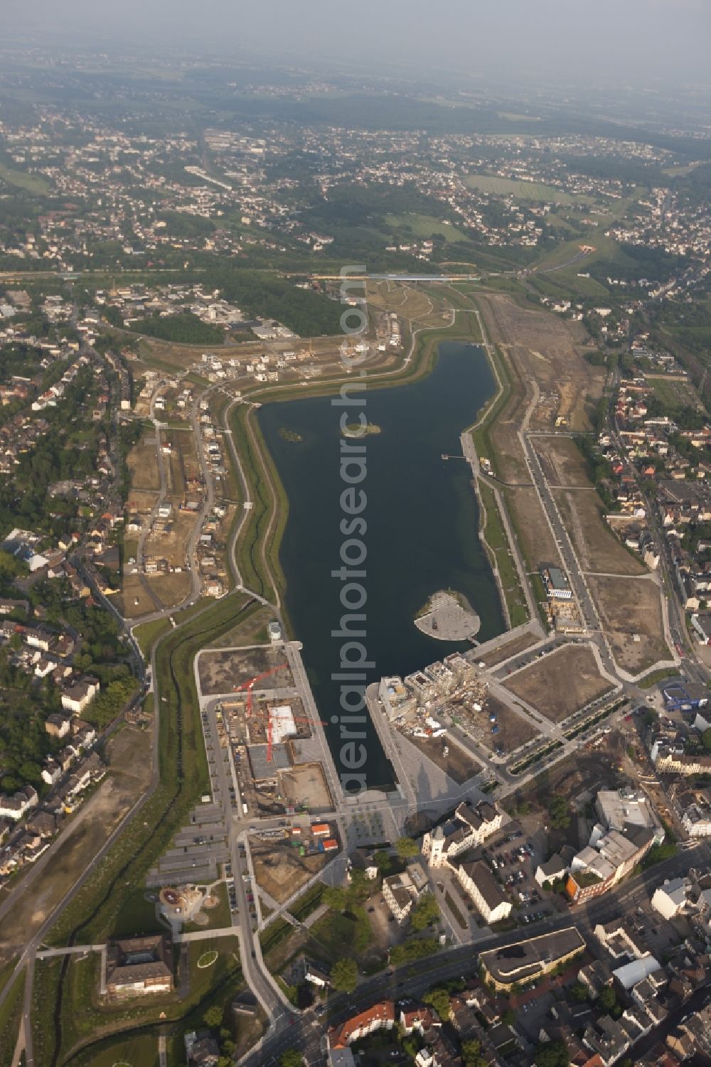 Dortmund from above - View of the development area Phoenix Lake in Dortmund. With the flooding of the lake in the Phoenix suburb Hörde on the former site of the former Hermannshütte a new way of urban development was created in this former industrial area