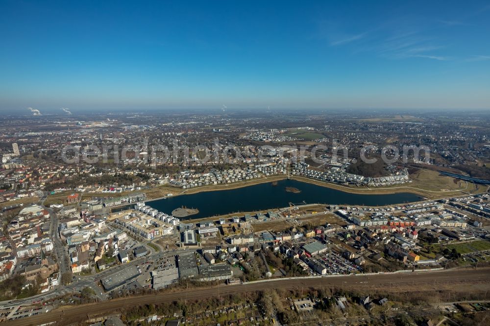 Dortmund from the bird's eye view: Development area of industrial wasteland Phoenix See in Dortmund in the state North Rhine-Westphalia