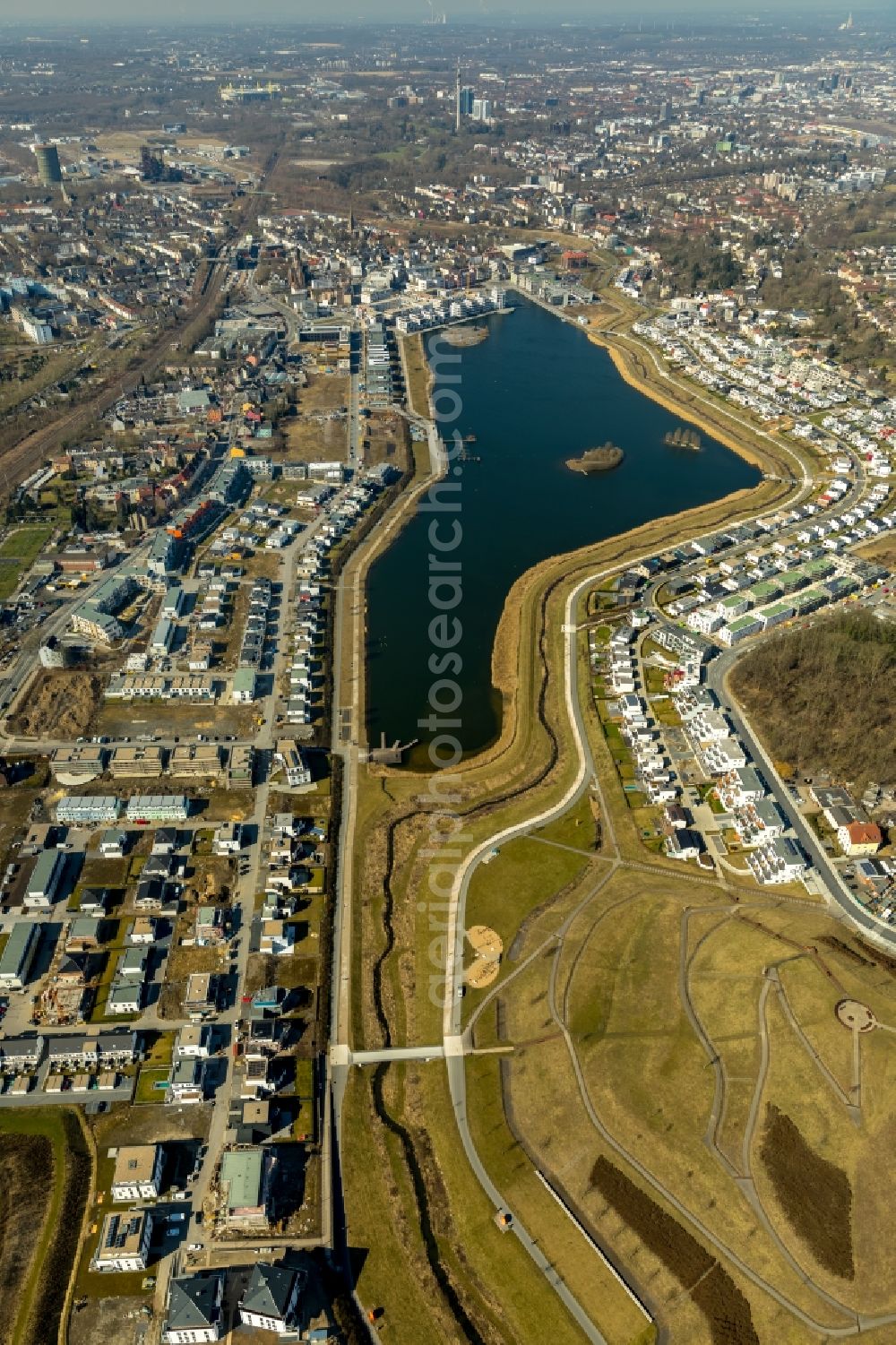 Dortmund from above - Development area of industrial wasteland Phoenix See in Dortmund in the state North Rhine-Westphalia