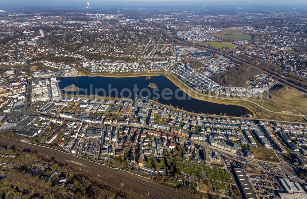 Dortmund from the bird's eye view: Development area of industrial wasteland Phoenix See in Dortmund in the state North Rhine-Westphalia