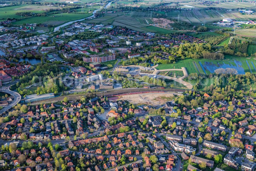 Stade from above - Developing field of residential and commercial space Am Gueterbahnhof in Stade in the state Lower Saxony, Germany