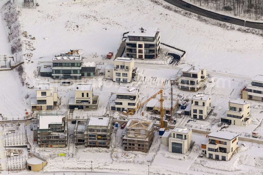 Dortmund from above - Winter - Aerial view of snow-covered area of ??residential development at Phoenix Lake in Dortmund in North Rhine-Westphalia NRW. The Phoenix Lake is an artificial lake with buildable riparian zones on the former steelworks site Phoenix-East. Foto: Hans Blossey