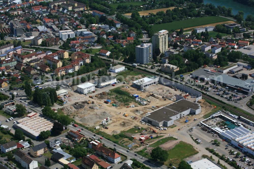 Bad Säckingen from above - Developing field of residential and commercial space Brennet Park in Bad Saeckingen in the state Baden-Wuerttemberg, Germany