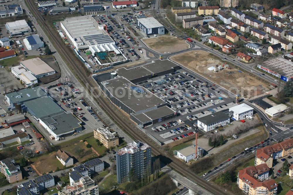 Bad Säckingen from above - Developing field of residential and commercial space Brennet Park in Bad Saeckingen in the state Baden-Wuerttemberg, Germany