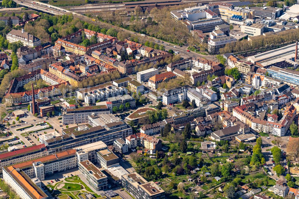 Karlsruhe from above - Developing field of residential and commercial space ehamaliges Pfaff Gelaende in Karlsruhe in the state Baden-Wuerttemberg, Germany