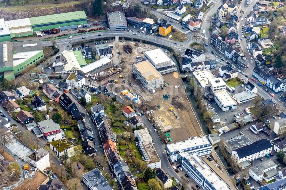 Siegen from above - Developing field of residential and commercial space des Roland-Gelaende Am Schleifmuehlchen - Am Lohgraben in Siegen on Siegerland in the state North Rhine-Westphalia, Germany