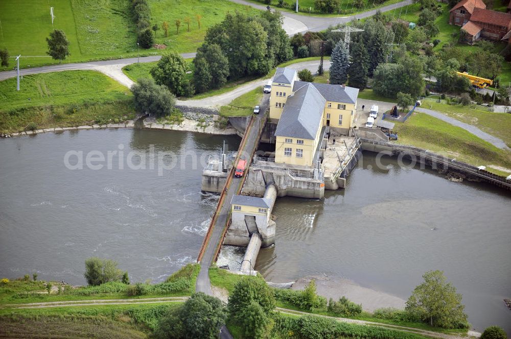 Aerial photograph Krauthausen - Das Wasserkraftwerk über die Werra im Ortsteil Pferdsdorf-Spichra. Das Kraftwerk wurde von 1923 bis 1925 erbaut und nach 14 Jahren Pause seit 1998 wieder durch die E.ON.Thüriner Energie betrieben. The hydropower plant across the Werra River near the district Pferdsdorf-Spichra.