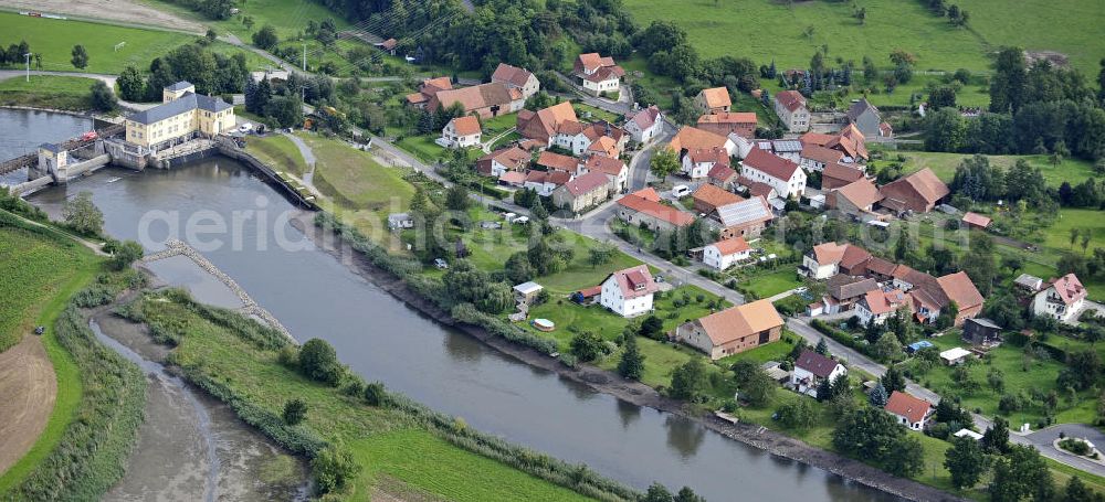 Aerial image Krauthausen - Das Wasserkraftwerk über die Werra im Ortsteil Pferdsdorf-Spichra. Das Kraftwerk wurde von 1923 bis 1925 erbaut und nach 14 Jahren Pause seit 1998 wieder durch die E.ON.Thüriner Energie betrieben. The hydropower plant across the Werra River near the district Pferdsdorf-Spichra.