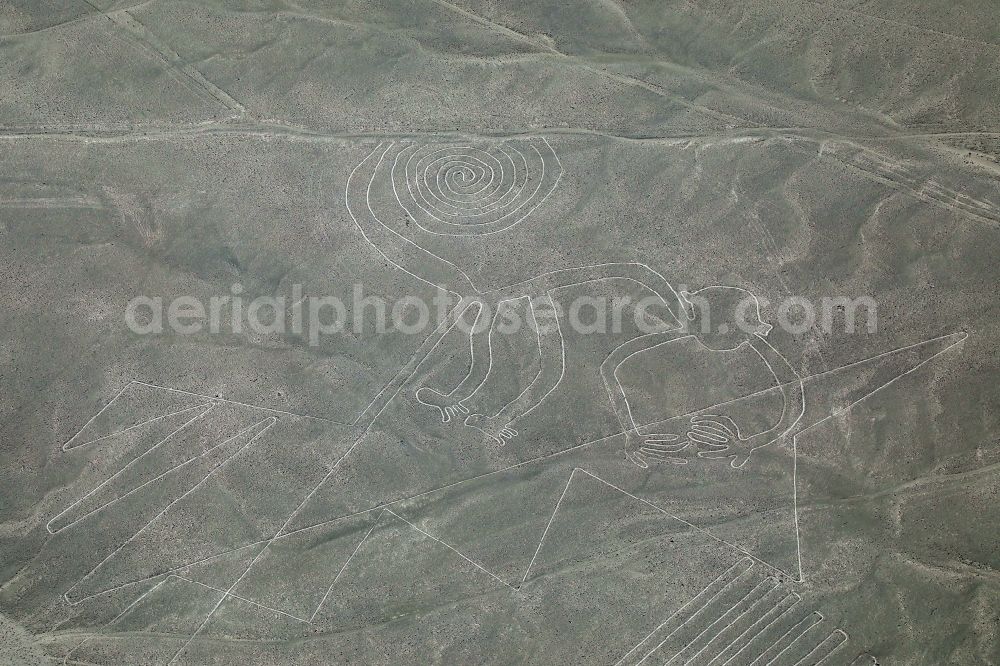 Aerial photograph Espiral - Geoglyphic earth and soil drawing in the desert in Espiral in Ica, Peru