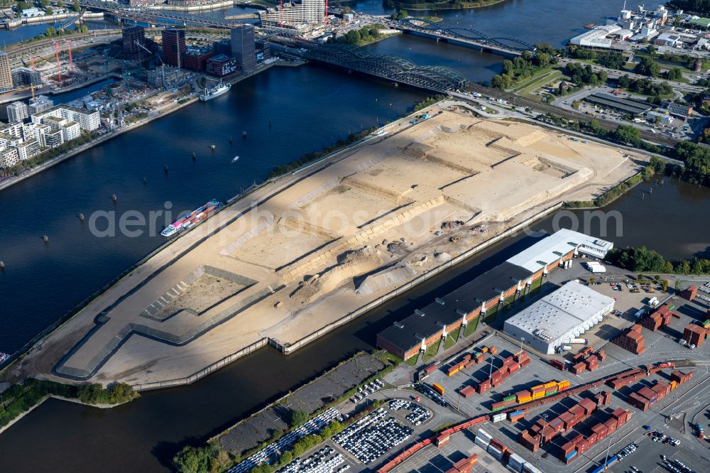 Aerial photograph Hamburg - Demolition work on the site of the former logistics center ruin Ueberseezentrum on Schuhmacherwerder - Moldauhafen in the district Kleiner Grasbrook in Hamburg, Germany