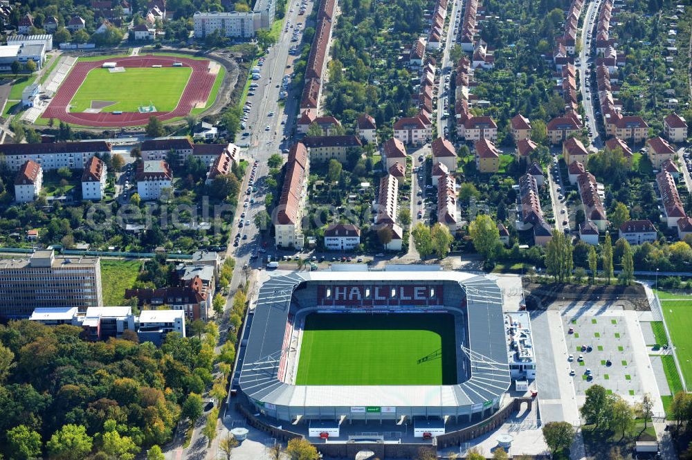 Aerial image Halle / Saale - Der Erdgas Sportpark in Halle / Saale ( vorher Kurt-Wabbel- Stadion ) wurde neu saniert. Das neue Stadion ist mit einer Flutlichtanlage ausgestattet und hat außer den Zuschauerplätzen, VIP-Logen und einen Business Bereich. The Erdgas Sportpark in Halle / Saale was refurbished. The new stadium has floodlights, VIP-lodges and a business area.