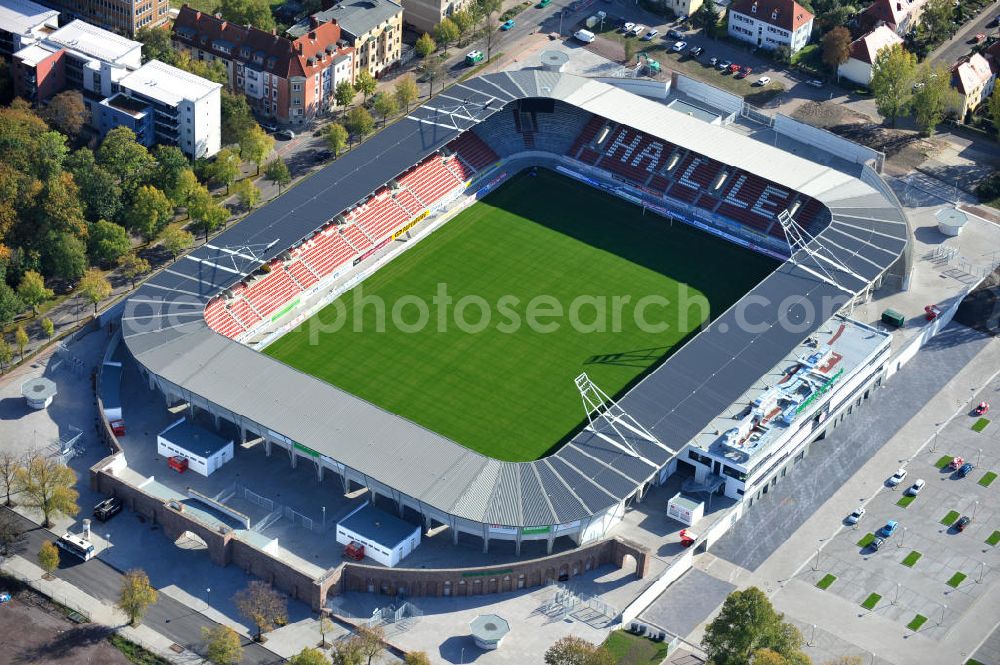 Halle / Saale from the bird's eye view: Der Erdgas Sportpark in Halle / Saale ( vorher Kurt-Wabbel- Stadion ) wurde neu saniert. Das neue Stadion ist mit einer Flutlichtanlage ausgestattet und hat außer den Zuschauerplätzen, VIP-Logen und einen Business Bereich. The Erdgas Sportpark in Halle / Saale was refurbished. The new stadium has floodlights, VIP-lodges and a business area.