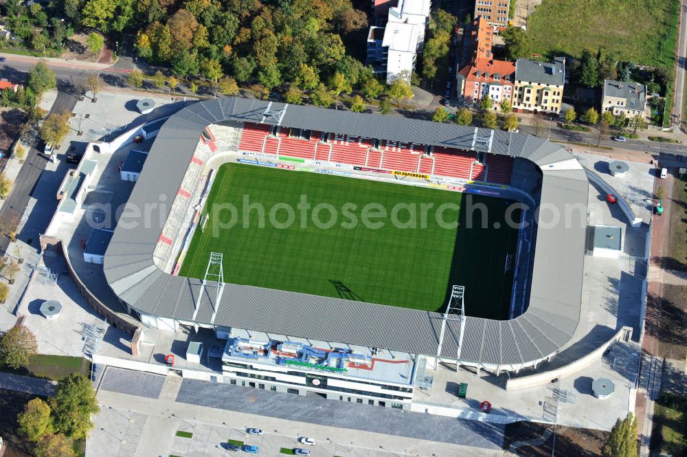 Aerial image Halle / Saale - Der Erdgas Sportpark in Halle / Saale ( vorher Kurt-Wabbel- Stadion ) wurde neu saniert. Das neue Stadion ist mit einer Flutlichtanlage ausgestattet und hat außer den Zuschauerplätzen, VIP-Logen und einen Business Bereich. The Erdgas Sportpark in Halle / Saale was refurbished. The new stadium has floodlights, VIP-lodges and a business area.