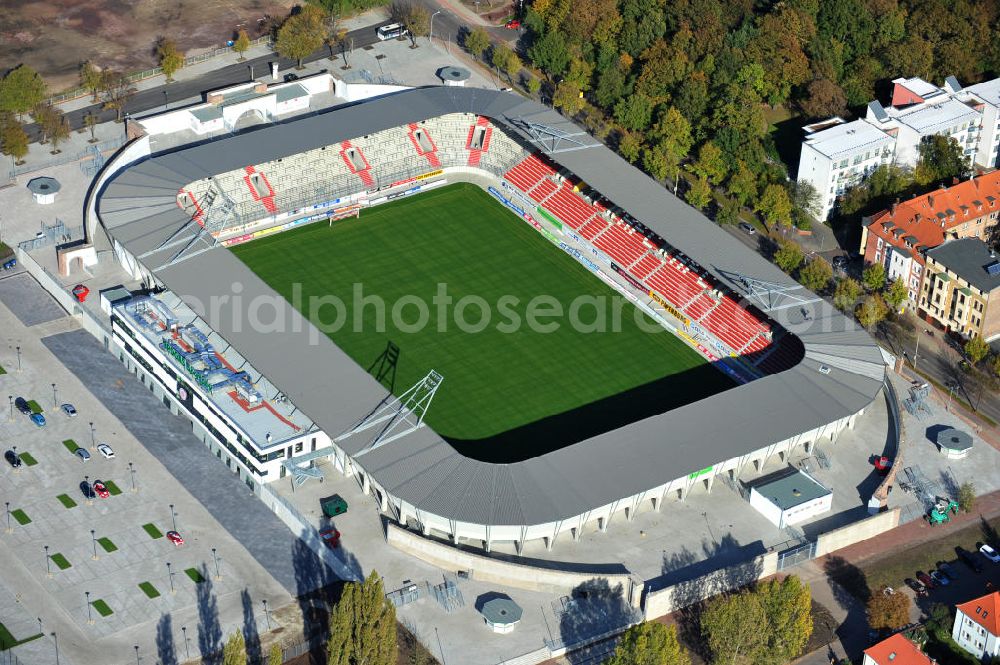 Halle / Saale from above - Der Erdgas Sportpark in Halle / Saale ( vorher Kurt-Wabbel- Stadion ) wurde neu saniert. Das neue Stadion ist mit einer Flutlichtanlage ausgestattet und hat außer den Zuschauerplätzen, VIP-Logen und einen Business Bereich. The Erdgas Sportpark in Halle / Saale was refurbished. The new stadium has floodlights, VIP-lodges and a business area.