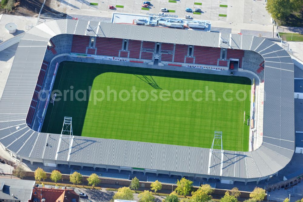 Halle / Saale from above - Der Erdgas Sportpark in Halle / Saale ( vorher Kurt-Wabbel- Stadion ) wurde neu saniert. Das neue Stadion ist mit einer Flutlichtanlage ausgestattet und hat außer den Zuschauerplätzen, VIP-Logen und einen Business Bereich. The Erdgas Sportpark in Halle / Saale was refurbished. The new stadium has floodlights, VIP-lodges and a business area.