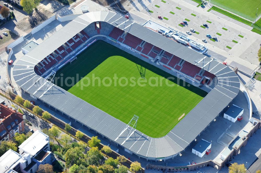 Halle / Saale from the bird's eye view: Der Erdgas Sportpark in Halle / Saale ( vorher Kurt-Wabbel- Stadion ) wurde neu saniert. Das neue Stadion ist mit einer Flutlichtanlage ausgestattet und hat außer den Zuschauerplätzen, VIP-Logen und einen Business Bereich. The Erdgas Sportpark in Halle / Saale was refurbished. The new stadium has floodlights, VIP-lodges and a business area.