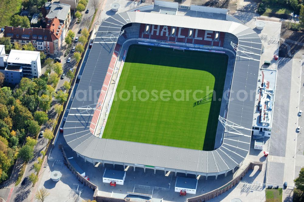 Halle / Saale from above - Der Erdgas Sportpark in Halle / Saale ( vorher Kurt-Wabbel- Stadion ) wurde neu saniert. Das neue Stadion ist mit einer Flutlichtanlage ausgestattet und hat außer den Zuschauerplätzen, VIP-Logen und einen Business Bereich. The Erdgas Sportpark in Halle / Saale was refurbished. The new stadium has floodlights, VIP-lodges and a business area.