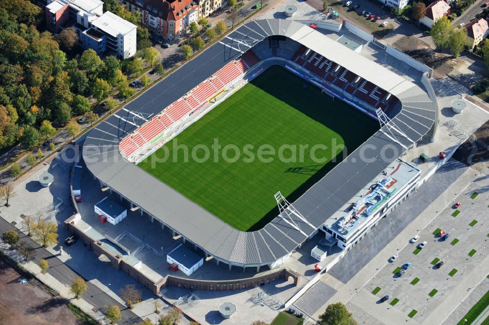 Halle / Saale from the bird's eye view: Der Erdgas Sportpark in Halle / Saale ( vorher Kurt-Wabbel- Stadion ) wurde neu saniert. Das neue Stadion ist mit einer Flutlichtanlage ausgestattet und hat außer den Zuschauerplätzen, VIP-Logen und einen Business Bereich. The Erdgas Sportpark in Halle / Saale was refurbished. The new stadium has floodlights, VIP-lodges and a business area.