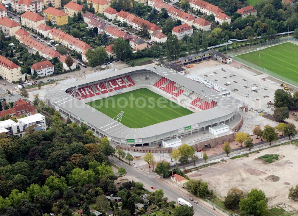 Halle / Saale from above - Umbau des Erdgas Sportpark in Halle / Saale (vorher Kurt-Wabbel-Stadion). Das neue Stadion ist mit einer Flutlichtanlage ausgestattet und hat außer den Zuschauerplätzen, VIP-Logen und einen Business Bereich. The Erdgas Sportpark in Halle / Saale was refurbished. The new stadium has floodlights, VIP-lodges and a business area.