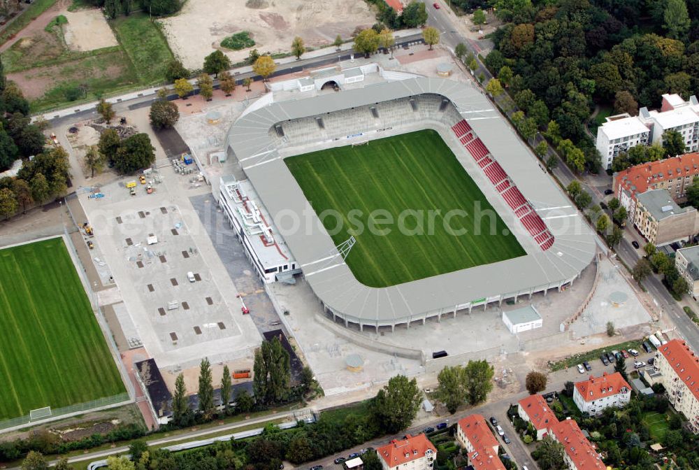 Halle / Saale from above - Umbau des Erdgas Sportpark in Halle / Saale (vorher Kurt-Wabbel-Stadion). Das neue Stadion ist mit einer Flutlichtanlage ausgestattet und hat außer den Zuschauerplätzen, VIP-Logen und einen Business Bereich. The Erdgas Sportpark in Halle / Saale was refurbished. The new stadium has floodlights, VIP-lodges and a business area.