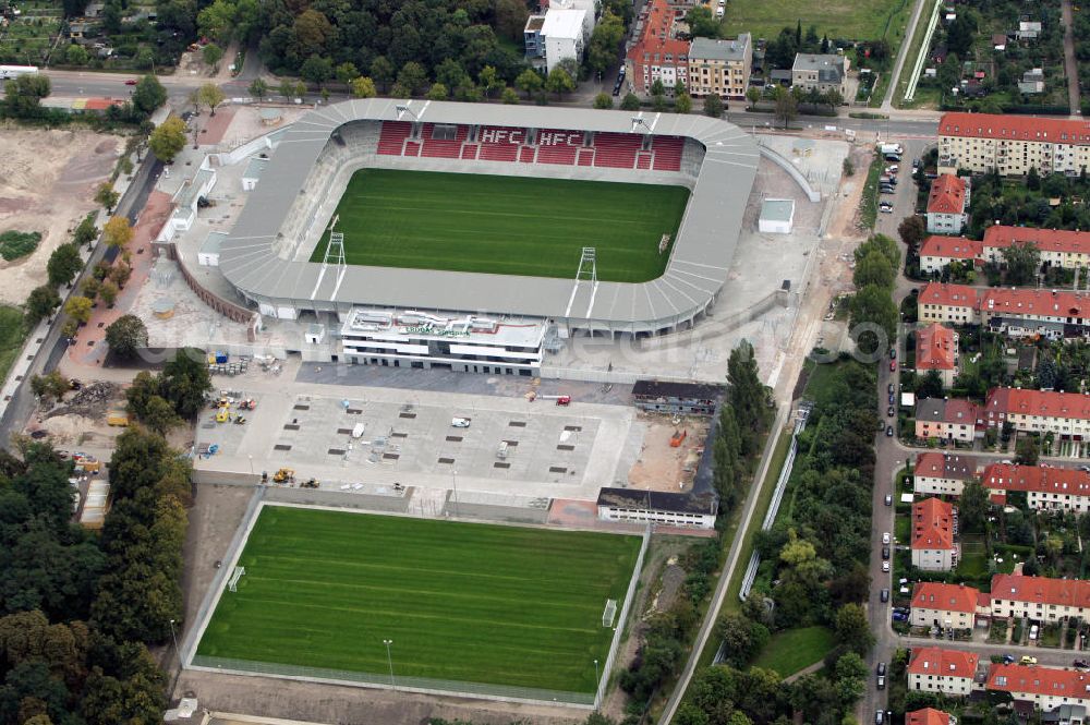 Aerial image Halle / Saale - Umbau des Erdgas Sportpark in Halle / Saale (vorher Kurt-Wabbel-Stadion). Das neue Stadion ist mit einer Flutlichtanlage ausgestattet und hat außer den Zuschauerplätzen, VIP-Logen und einen Business Bereich. The Erdgas Sportpark in Halle / Saale was refurbished. The new stadium has floodlights, VIP-lodges and a business area.