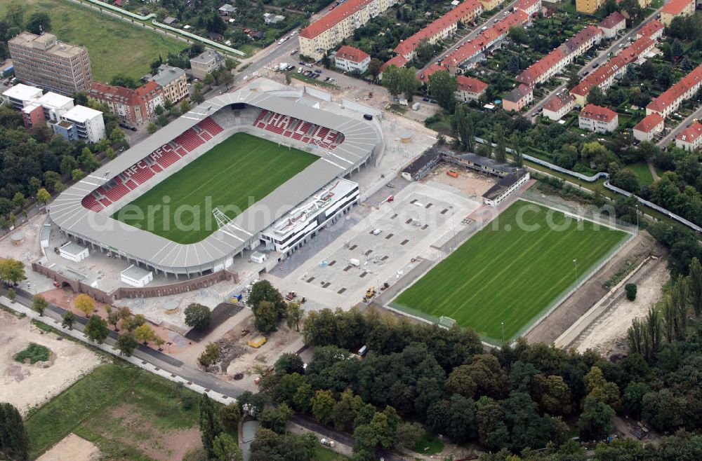 Halle / Saale from above - Umbau des Erdgas Sportpark in Halle / Saale (vorher Kurt-Wabbel-Stadion). Das neue Stadion ist mit einer Flutlichtanlage ausgestattet und hat außer den Zuschauerplätzen, VIP-Logen und einen Business Bereich. The Erdgas Sportpark in Halle / Saale was refurbished. The new stadium has floodlights, VIP-lodges and a business area.