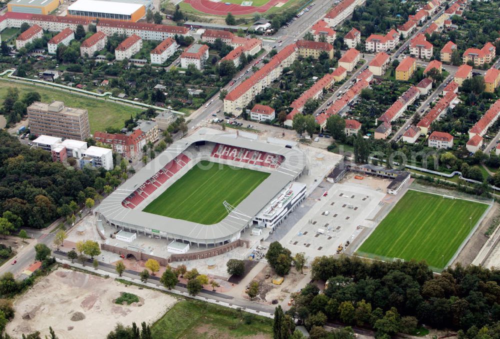 Halle / Saale from the bird's eye view: Umbau des Erdgas Sportpark in Halle / Saale (vorher Kurt-Wabbel-Stadion). Das neue Stadion ist mit einer Flutlichtanlage ausgestattet und hat außer den Zuschauerplätzen, VIP-Logen und einen Business Bereich. The Erdgas Sportpark in Halle / Saale was refurbished. The new stadium has floodlights, VIP-lodges and a business area.