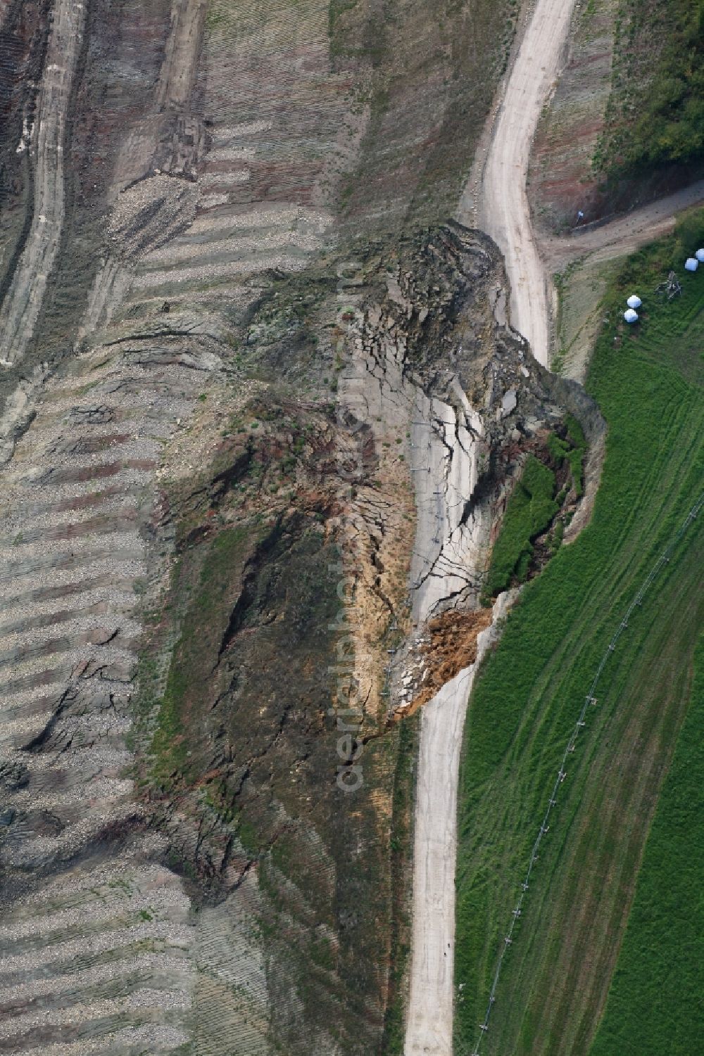 Rheinfelden (Baden) from above - Rainfalls caused a landslide at the construction site with development works and embankments works at the motorway A98 in Rheinfelden (Baden) in the state Baden-Wuerttemberg, Germany