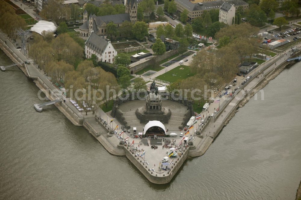 Koblenz from above - Blick auf das Deutsche Eck zwischen Rhein und Mosel. Koblenz ist vom 15. April bis 16. Oktober 2011 Austragungsort der Bundesgartenschau BUGA 2011. View of the German corner between the Rhine and Mosel. Koblenz of 15 April to 16 October 2011 hosted the National Garden Festival BUGA 2011th.