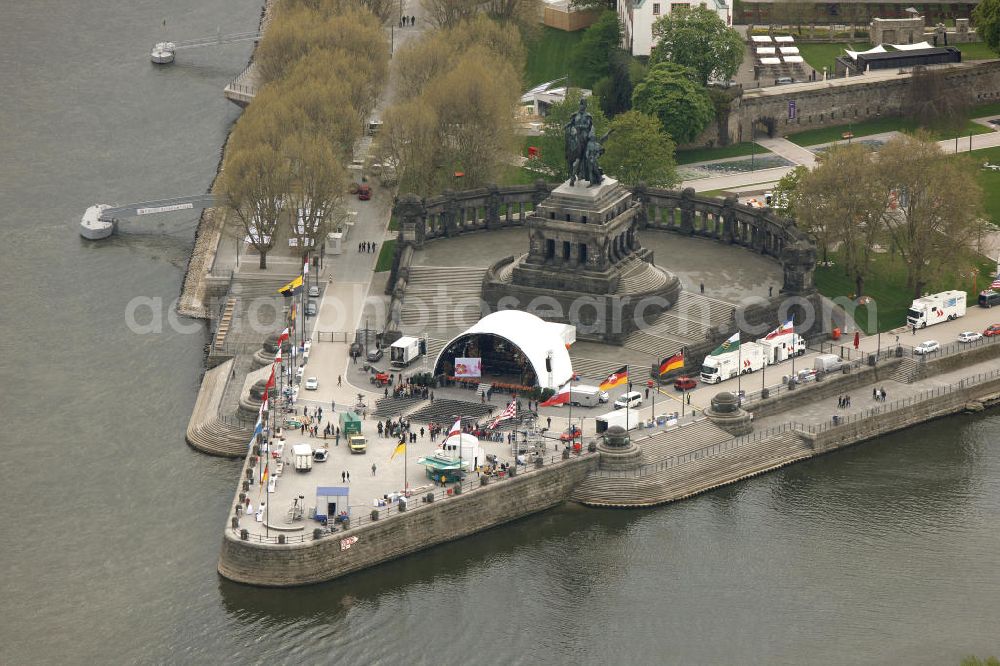 Aerial image Koblenz - Blick auf das Deutsche Eck zwischen Rhein und Mosel. Koblenz ist vom 15. April bis 16. Oktober 2011 Austragungsort der Bundesgartenschau BUGA 2011. View of the German corner between the Rhine and Mosel. Koblenz of 15 April to 16 October 2011 hosted the National Garden Festival BUGA 2011th.