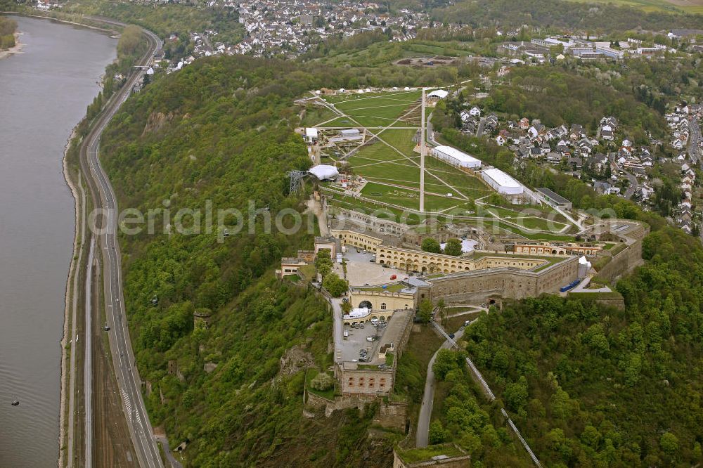 Koblenz from the bird's eye view: Blick auf das Gelände der BUGA 2011 auf der Festung Ehrenbreitstein. Koblenz ist vom 15. April bis 16. Oktober 2011 Austragungsort der Bundesgartenschau BUGA 2011. Opening of the BUGA 2011 in the fortress Ehrenbreitstein. Koblenz of 15 April to 16 October 2011 hosted the National Garden Festival BUGA 2011th.