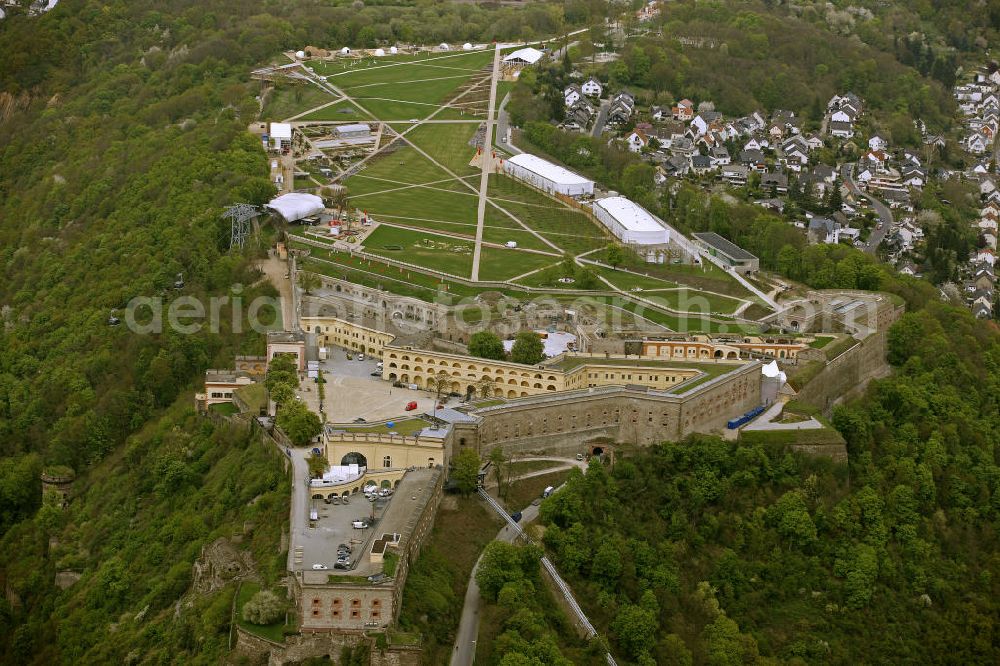 Aerial image Koblenz - Blick auf das Gelände der BUGA 2011 auf der Festung Ehrenbreitstein. Koblenz ist vom 15. April bis 16. Oktober 2011 Austragungsort der Bundesgartenschau BUGA 2011. Opening of the BUGA 2011 in the fortress Ehrenbreitstein. Koblenz of 15 April to 16 October 2011 hosted the National Garden Festival BUGA 2011th.