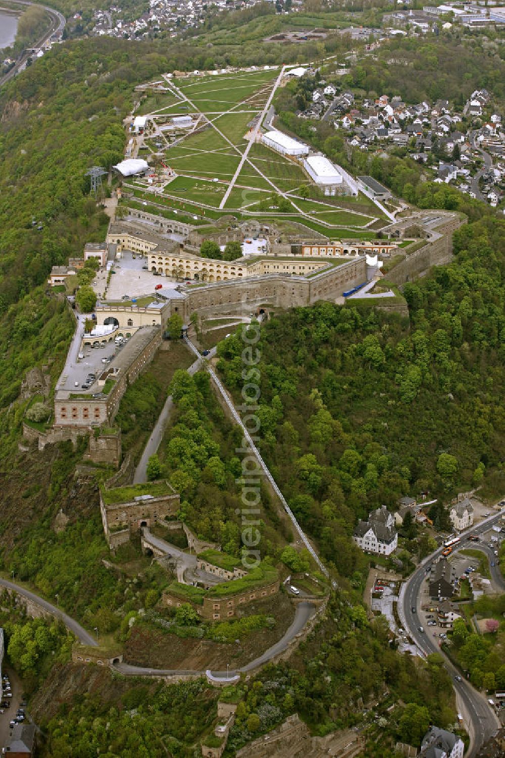 Aerial photograph Koblenz - Blick auf das Gelände der BUGA 2011 auf der Festung Ehrenbreitstein. Koblenz ist vom 15. April bis 16. Oktober 2011 Austragungsort der Bundesgartenschau BUGA 2011. Opening of the BUGA 2011 in the fortress Ehrenbreitstein. Koblenz of 15 April to 16 October 2011 hosted the National Garden Festival BUGA 2011th.