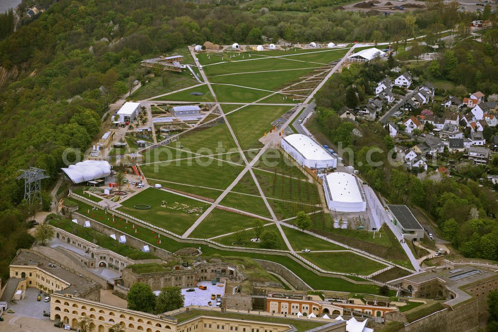 Koblenz from above - Blick auf das Gelände der BUGA 2011 auf der Festung Ehrenbreitstein. Koblenz ist vom 15. April bis 16. Oktober 2011 Austragungsort der Bundesgartenschau BUGA 2011. Opening of the BUGA 2011 in the fortress Ehrenbreitstein. Koblenz of 15 April to 16 October 2011 hosted the National Garden Festival BUGA 2011th.