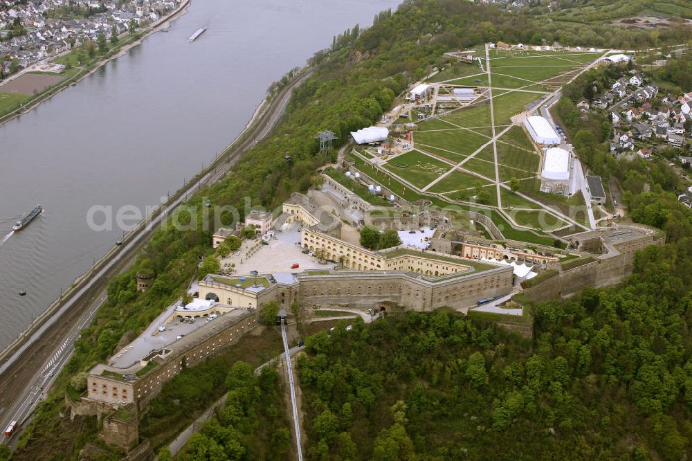 Koblenz from the bird's eye view: Blick auf das Gelände der BUGA 2011 auf der Festung Ehrenbreitstein. Koblenz ist vom 15. April bis 16. Oktober 2011 Austragungsort der Bundesgartenschau BUGA 2011. Opening of the BUGA 2011 in the fortress Ehrenbreitstein. Koblenz of 15 April to 16 October 2011 hosted the National Garden Festival BUGA 2011th.