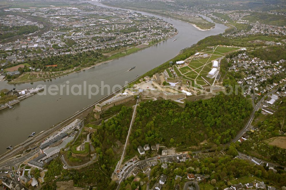 Aerial image Koblenz - Blick auf das Gelände der BUGA 2011 auf der Festung Ehrenbreitstein. Koblenz ist vom 15. April bis 16. Oktober 2011 Austragungsort der Bundesgartenschau BUGA 2011. Opening of the BUGA 2011 in the fortress Ehrenbreitstein. Koblenz of 15 April to 16 October 2011 hosted the National Garden Festival BUGA 2011th.