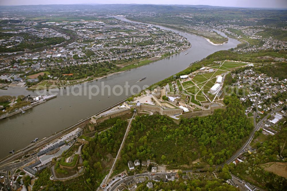 Aerial photograph Koblenz - Blick auf das Gelände der BUGA 2011 auf der Festung Ehrenbreitstein. Koblenz ist vom 15. April bis 16. Oktober 2011 Austragungsort der Bundesgartenschau BUGA 2011. Opening of the BUGA 2011 in the fortress Ehrenbreitstein. Koblenz of 15 April to 16 October 2011 hosted the National Garden Festival BUGA 2011th.