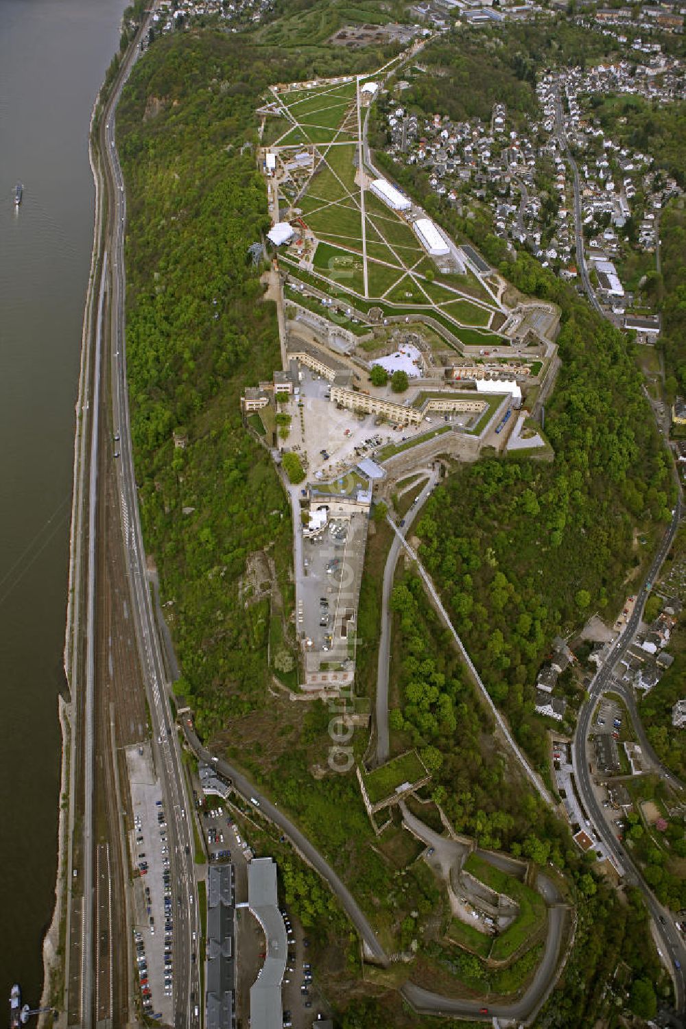 Koblenz from above - Blick auf das Gelände der BUGA 2011 auf der Festung Ehrenbreitstein. Koblenz ist vom 15. April bis 16. Oktober 2011 Austragungsort der Bundesgartenschau BUGA 2011. Opening of the BUGA 2011 in the fortress Ehrenbreitstein. Koblenz of 15 April to 16 October 2011 hosted the National Garden Festival BUGA 2011th.