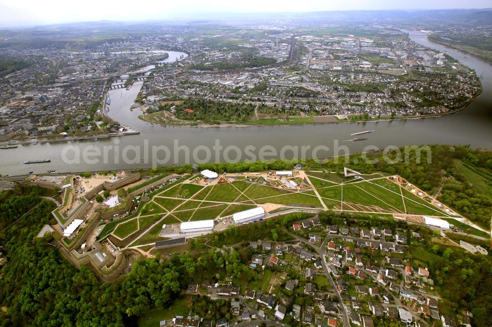 Koblenz from the bird's eye view: Blick auf das Gelände der BUGA 2011 auf der Festung Ehrenbreitstein. Koblenz ist vom 15. April bis 16. Oktober 2011 Austragungsort der Bundesgartenschau BUGA 2011. Opening of the BUGA 2011 in the fortress Ehrenbreitstein. Koblenz of 15 April to 16 October 2011 hosted the National Garden Festival BUGA 2011th.