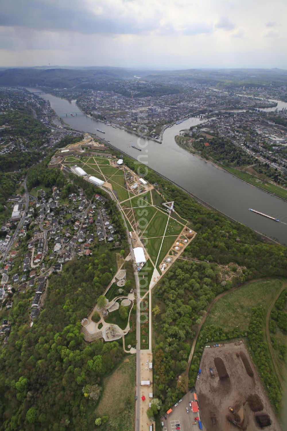 Koblenz from above - Blick auf das Gelände der BUGA 2011 auf der Festung Ehrenbreitstein. Koblenz ist vom 15. April bis 16. Oktober 2011 Austragungsort der Bundesgartenschau BUGA 2011. Opening of the BUGA 2011 in the fortress Ehrenbreitstein. Koblenz of 15 April to 16 October 2011 hosted the National Garden Festival BUGA 2011th.