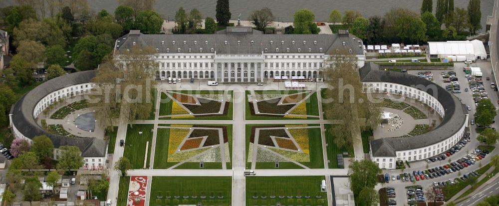 Aerial photograph Koblenz - Blick auf Eröffnung der BUGA 2011 am Kurfürstlichen Schloss in Koblenz. Koblenz ist vom 15. April bis 16. Oktober 2011 Austragungsort der Bundesgartenschau BUGA 2011. View of the Electoral Castle Koblenz. Koblenz of 15 April to 16 October 2011 hosted the National Garden Festival BUGA 2011th.