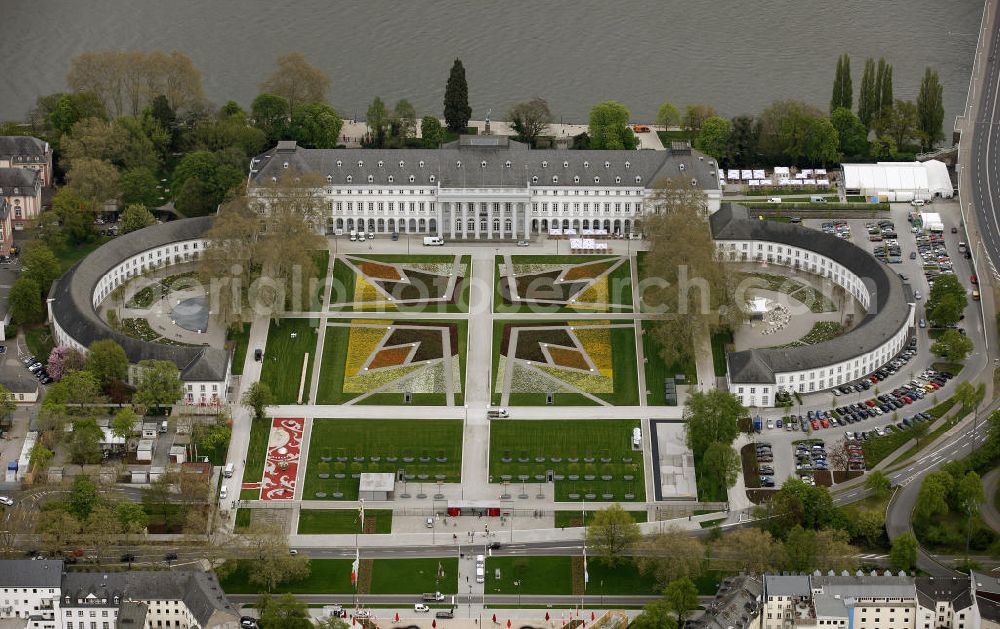 Koblenz from above - Blick auf Eröffnung der BUGA 2011 am Kurfürstlichen Schloss in Koblenz. Koblenz ist vom 15. April bis 16. Oktober 2011 Austragungsort der Bundesgartenschau BUGA 2011. View of the Electoral Castle Koblenz. Koblenz of 15 April to 16 October 2011 hosted the National Garden Festival BUGA 2011th.