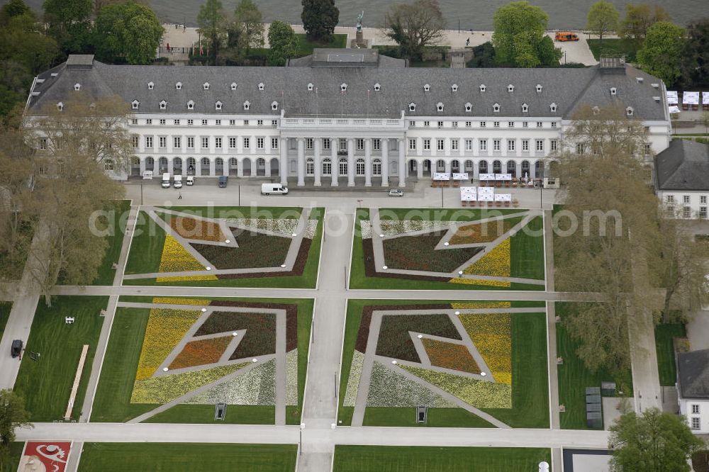 Koblenz from the bird's eye view: Blick auf Eröffnung der BUGA 2011 am Kurfürstlichen Schloss in Koblenz. Koblenz ist vom 15. April bis 16. Oktober 2011 Austragungsort der Bundesgartenschau BUGA 2011. View of the Electoral Castle Koblenz. Koblenz of 15 April to 16 October 2011 hosted the National Garden Festival BUGA 2011th.