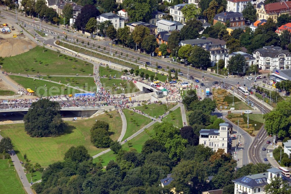 Dresden from the bird's eye view: View of the opening of the Waldschloesschenbruecke in Dresden in the state of Saxony