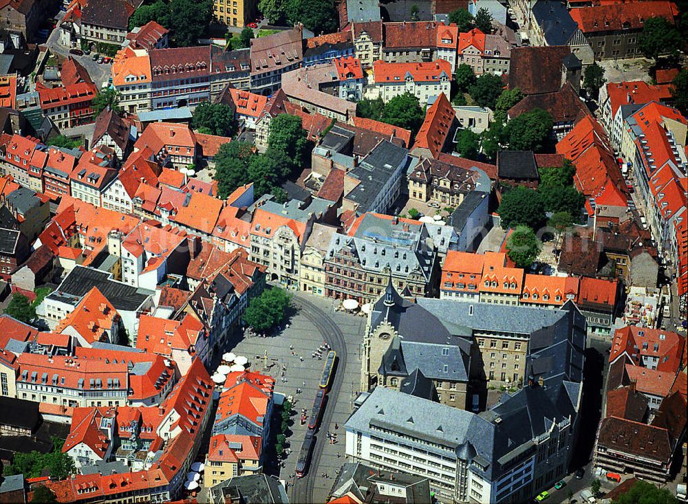 Erfurt from above - Das neugotische Erfurter Rathaus am Fischmarkt in Thüringen. The neo-Gothic town hall of Erfurt in Thuringia at the Fischmarkt.