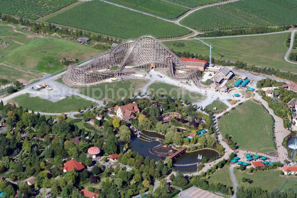 Aerial image Cleebronn - Blick auf den Erlebnispark Tripsdrill. Kontakt: Erlebnispark Tripsdrill GmbH & Co. KG, 74389 Cleebronn / Tripsdrill, Tel. +49 (0)7135 999 9, Fax +49 (0)7135 999 666, email: info@tripsdrill.de